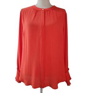 J Crew Drapey Blouse Women's XL Band Collar Orange 3 Button Ruffle Cuffs AU278